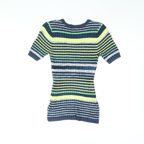 NEXT Womens Blue Striped Viscose Basic T-Shirt Size 8 Round Neck