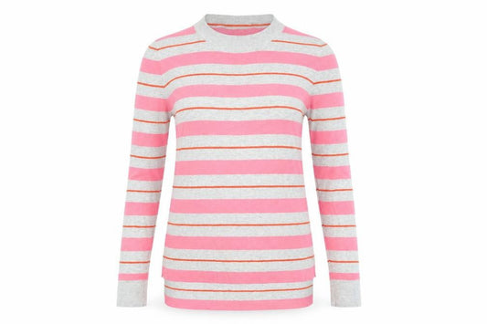 Front view of Oasis women’s grey striped cotton basic t-shirt, size XS, round neck