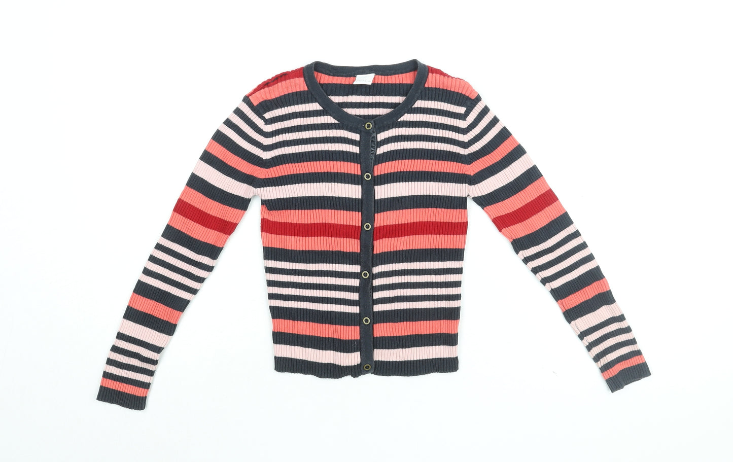 NEXT Girls Multicoloured Round Neck Striped Cotton Cardigan Jumper Size 9 Years Button