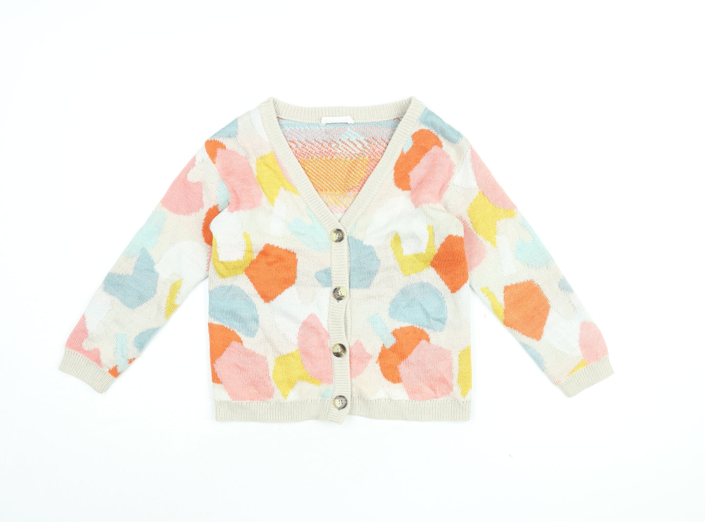 H&M Girls Beige V-Neck Geometric Polyester Cardigan Jumper Size 7-8 Years Button