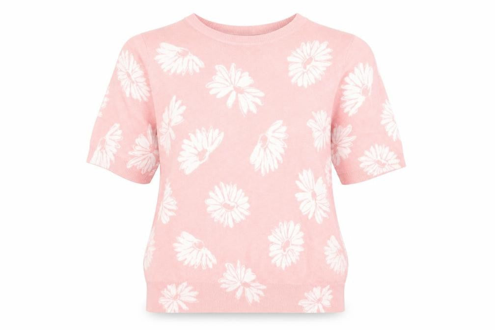 Front view of Marks & Spencer women’s pink floral viscose basic t-shirt, size UK 8, round neck