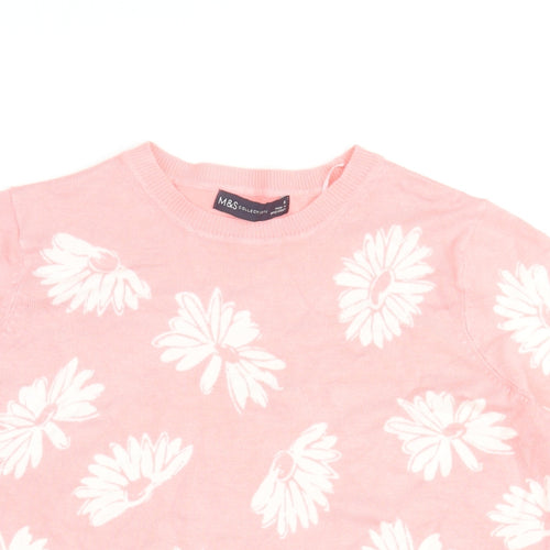 Marks and Spencer Womens Pink Floral Viscose Basic T-Shirt Size 8 Round Neck