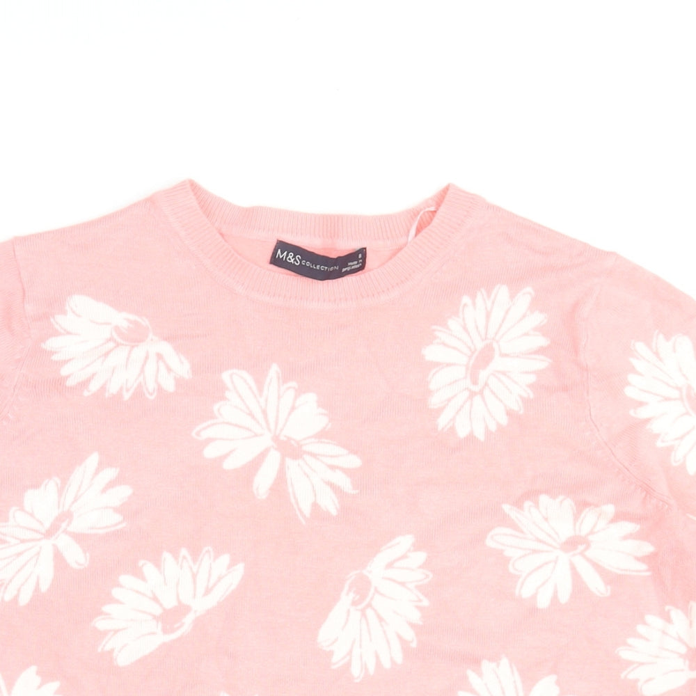 Marks and Spencer Womens Pink Floral Viscose Basic T-Shirt Size 8 Round Neck