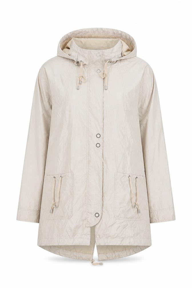 Front view of Betty Kay women’s beige parka jacket, size UK 16, zip