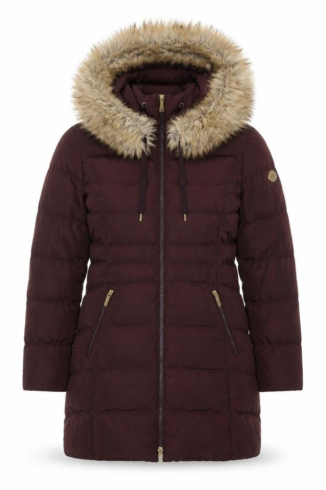 Front view of Laundry by Shelli Segal women’s brown quilted jacket, size S, zip