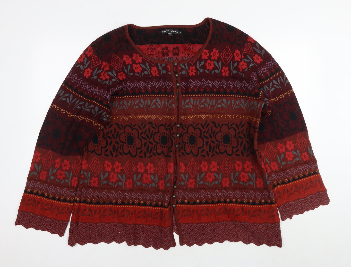 Gudrun Sjödén Womens Brown V-Neck Floral Cotton Cardigan Jumper Size XL