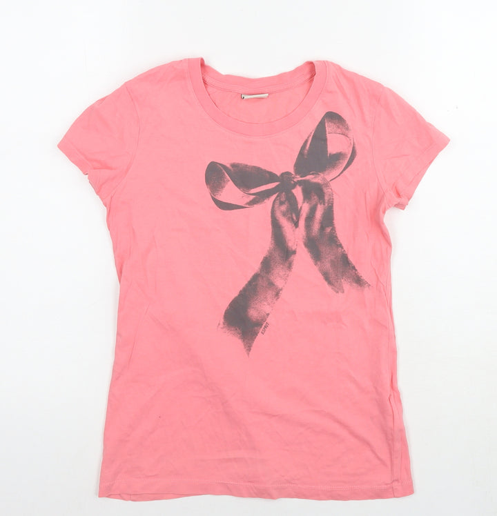 Esprit Womens Pink Cotton Basic T-Shirt Size 2XS Round Neck - Bow