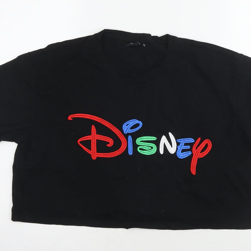 Disney Womens Black Cotton Cropped T-Shirt Size M Round Neck - Logo