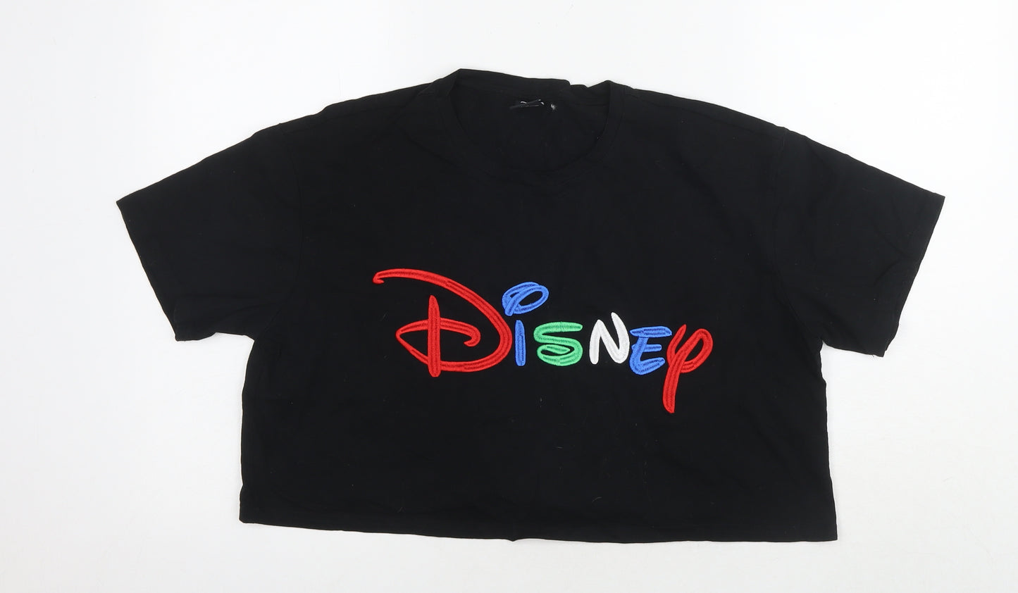 Disney Womens Black Cotton Cropped T-Shirt Size M Round Neck - Logo