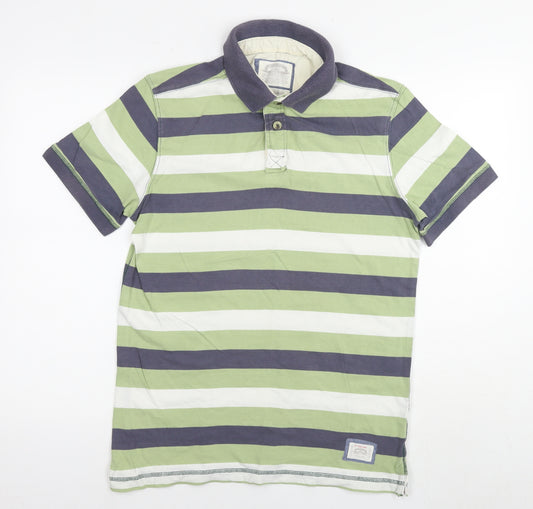 White Stuff Mens Green Striped Cotton Polo Size M Collared Pullover