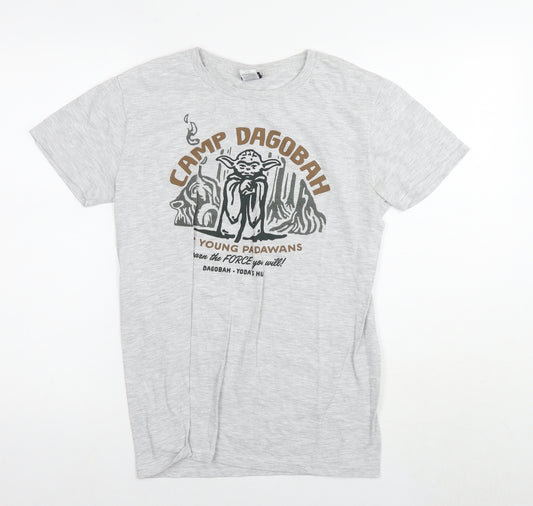 Front view of Star Wars men’s grey cotton t-shirt, size S, round neck - star wars yoda camp dagobah