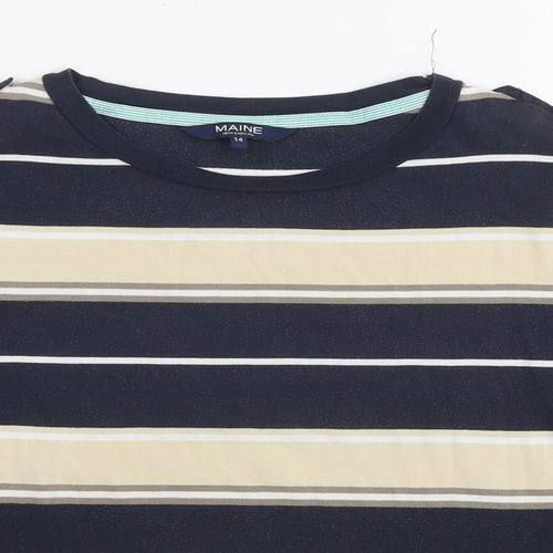 Maine Womens Blue Striped Cotton Basic T-Shirt Size 14 Round Neck