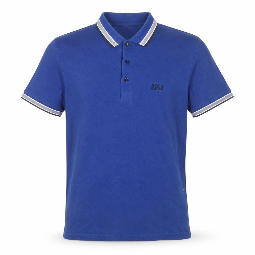 Front view of BOSS men’s blue cotton polo, size S, collared pullover