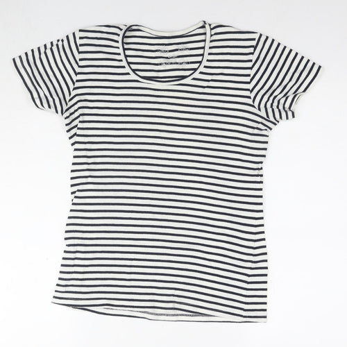 Cotton Traders Womens White Striped Cotton Basic T-Shirt Size 14 Round Neck - Size 14-16