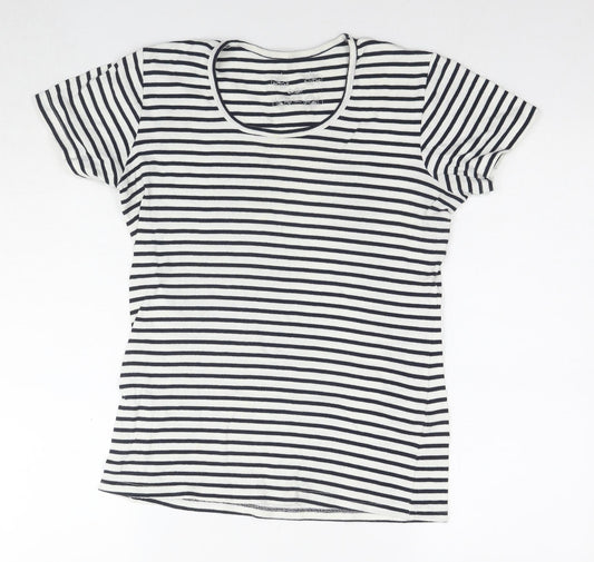 Cotton Traders Womens White Striped Cotton Basic T-Shirt Size 14 Round Neck - Size 14-16