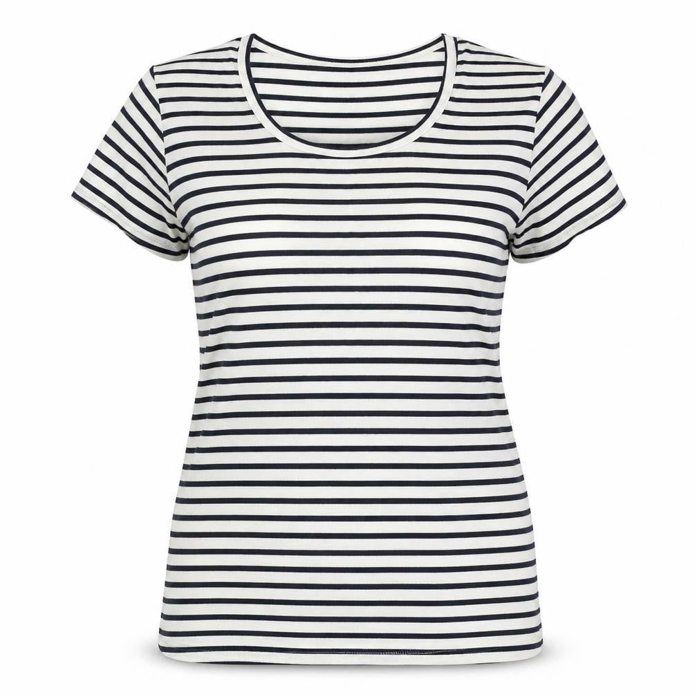 Cotton Traders Womens White Striped Cotton Basic T-Shirt Size 14 Round Neck - Size 14-16