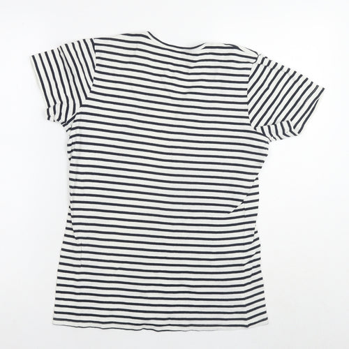 Cotton Traders Womens White Striped Cotton Basic T-Shirt Size 14 Round Neck - Size 14-16