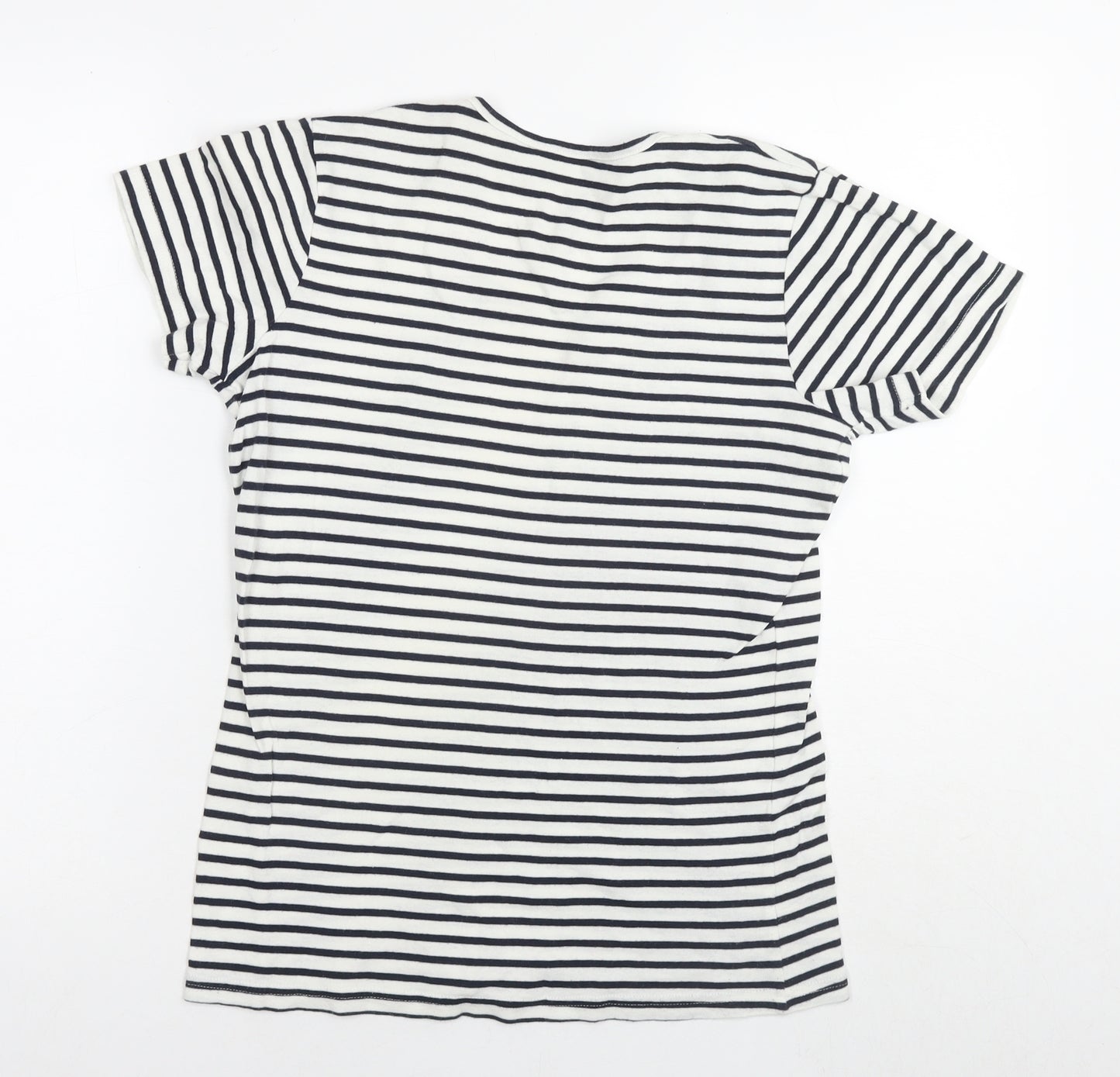 Cotton Traders Womens White Striped Cotton Basic T-Shirt Size 14 Round Neck - Size 14-16