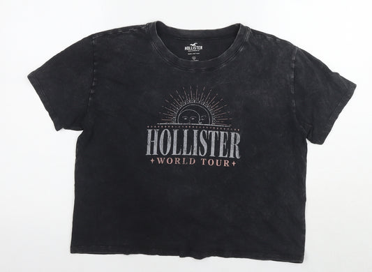 Hollister Womens Black Cotton Cropped T-Shirt Size M Round Neck - Logo