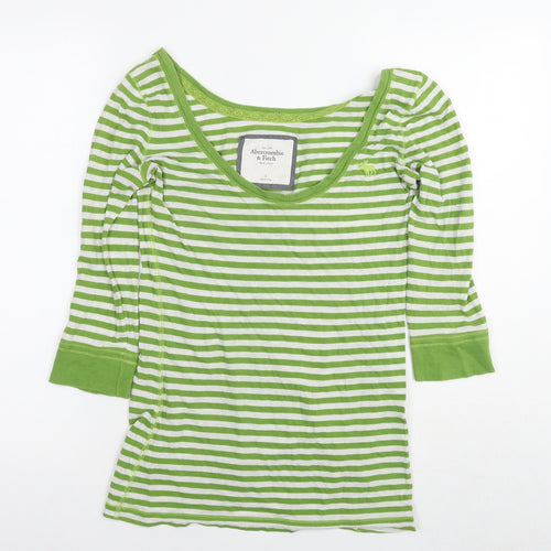 Abercrombie & Fitch Womens Green Striped Cotton Basic T-Shirt Size S Round Neck