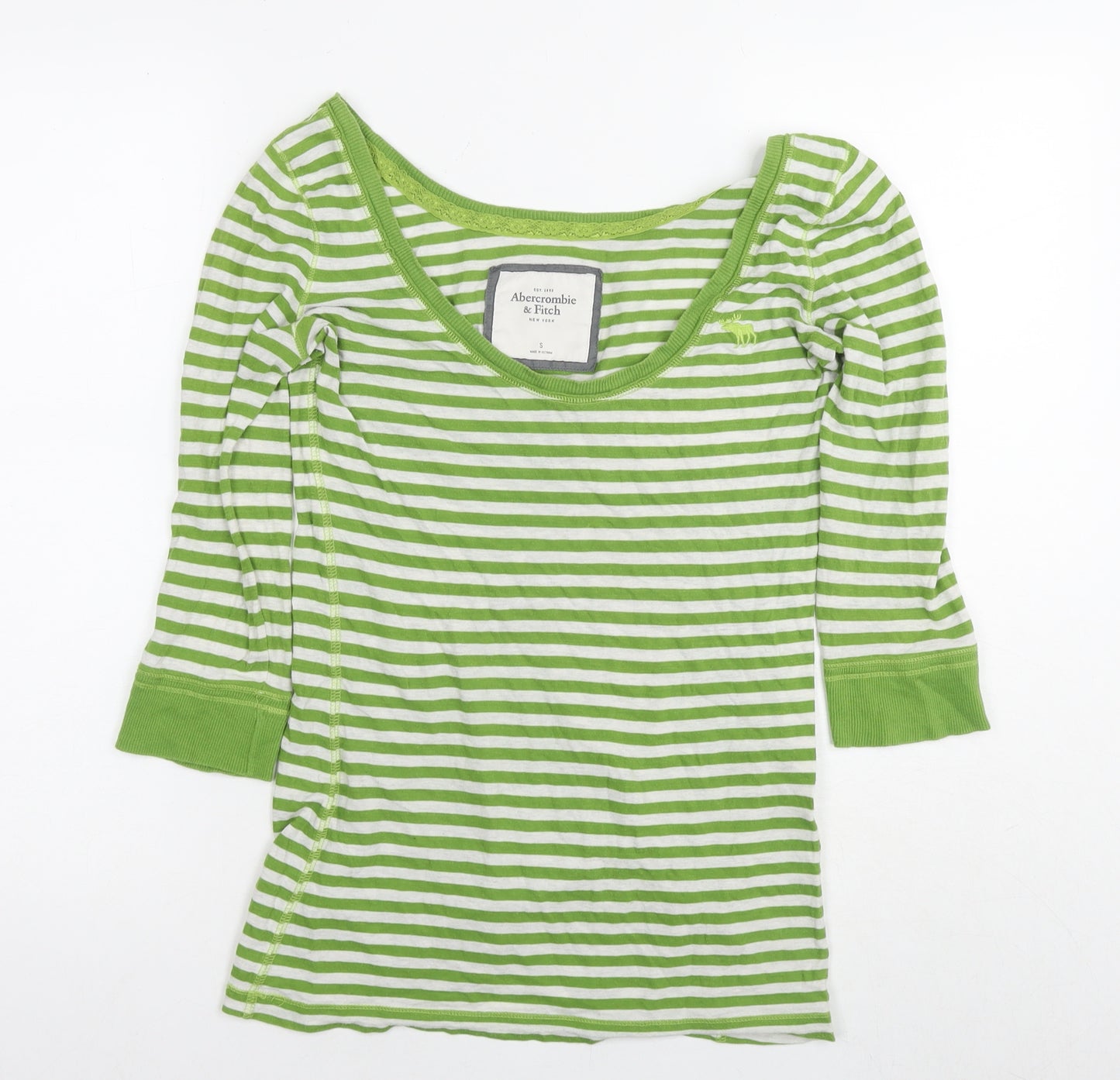 Abercrombie & Fitch Womens Green Striped Cotton Basic T-Shirt Size S Round Neck