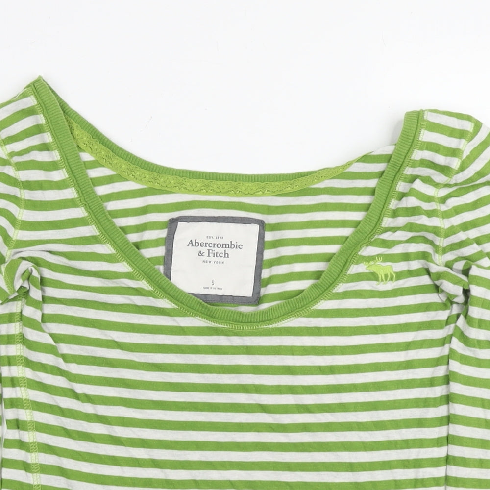 Abercrombie & Fitch Womens Green Striped Cotton Basic T-Shirt Size S Round Neck