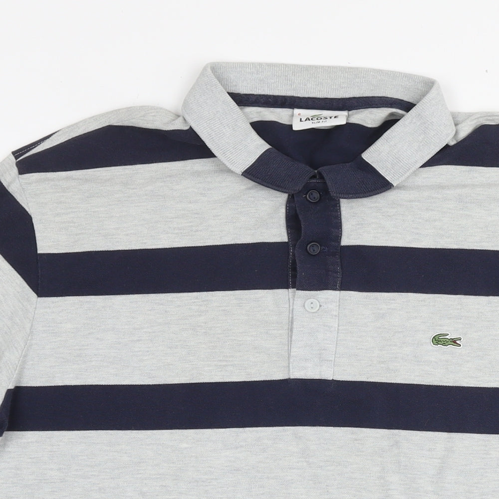 Lacoste Mens Grey Striped Cotton Polo Size XL Collared Pullover - Label Size 6