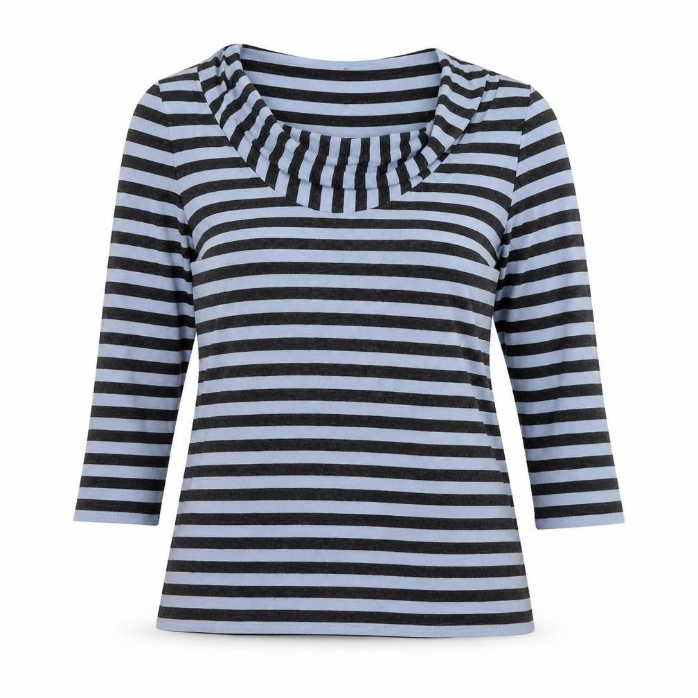Front view of Phase Eight women’s blue striped viscose basic blouse, size UK 14, cowl neck