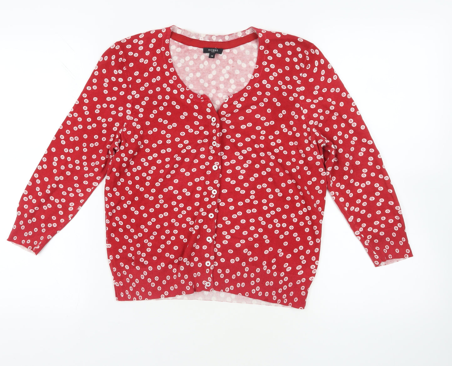 Hobbs Red Polka Dot Cardigan, Size 14, Cotton Knit