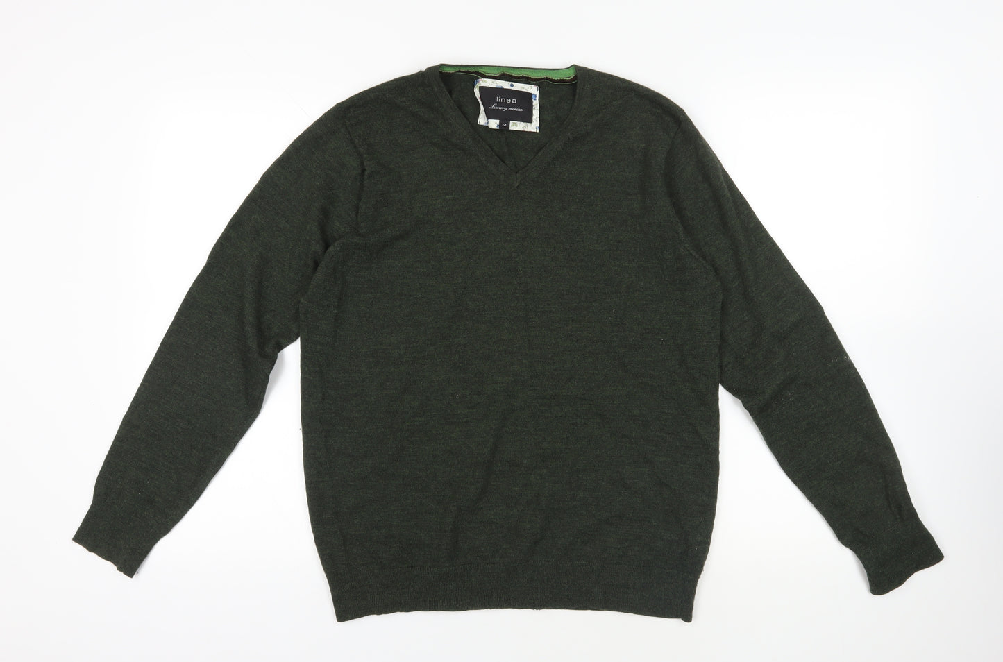 Linea Green Merino Wool V-Neck Pullover Jumper M