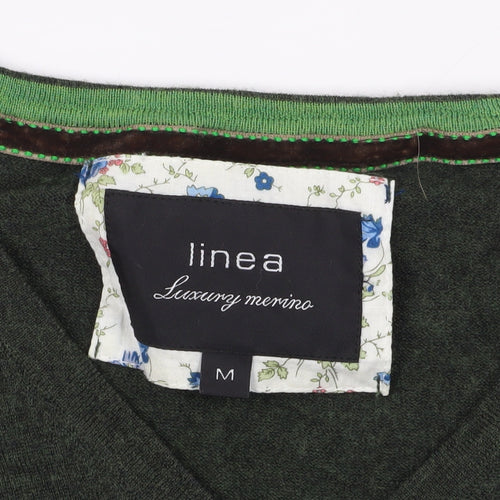 Linea Green Merino Wool V-Neck Pullover Jumper M