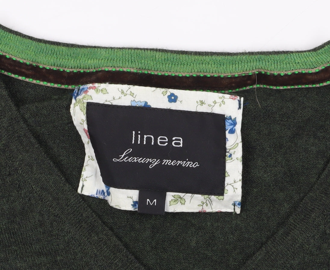 Linea Green Merino Wool V-Neck Pullover Jumper M