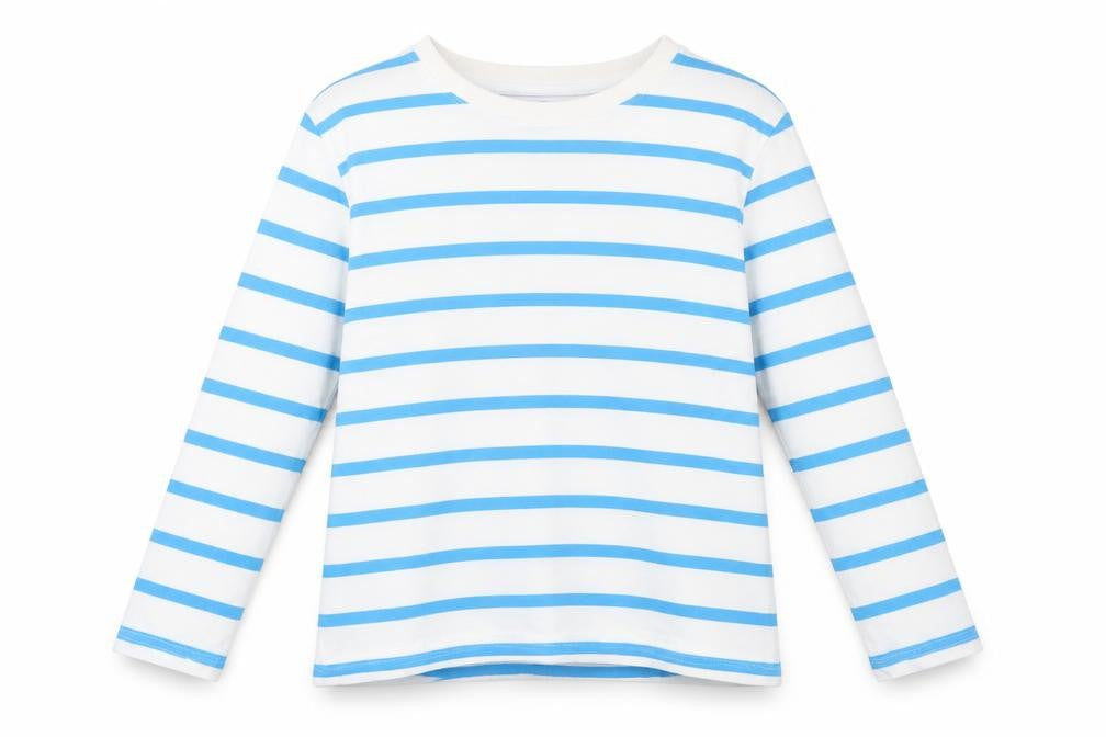 Front view of RESERVED boys’ stripe t-shirt, blue & white, 8-9 years