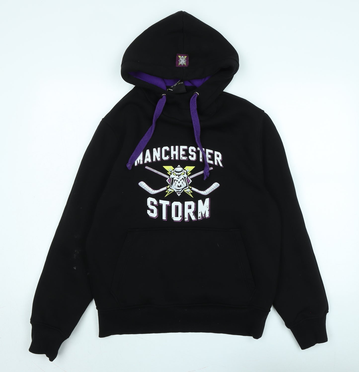 manchester storm Mens Black Cotton Blend Pullover Hoodie Size S - Logo
