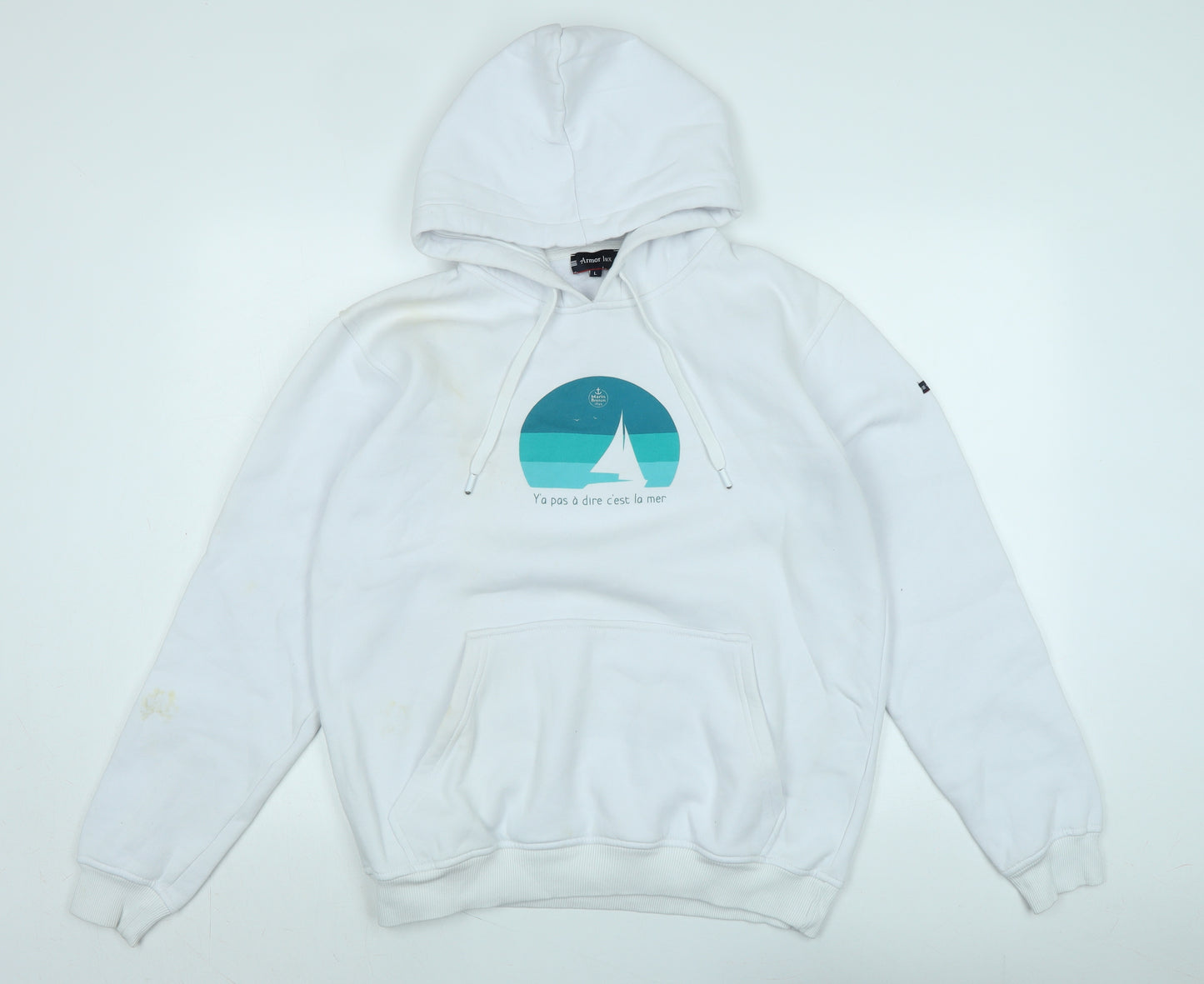 Amour Lux Mens White Polyester Pullover Hoodie Size L - Logo - Y' a pas a' dire c' est la mer