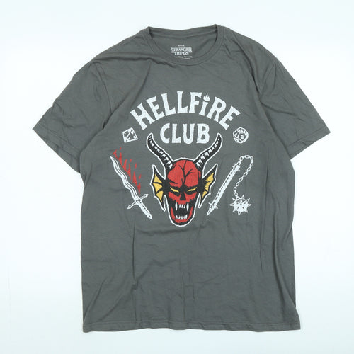 Stranger things Mens Grey Cotton T-Shirt Size M Crew Neck - Logo - Hellofire club