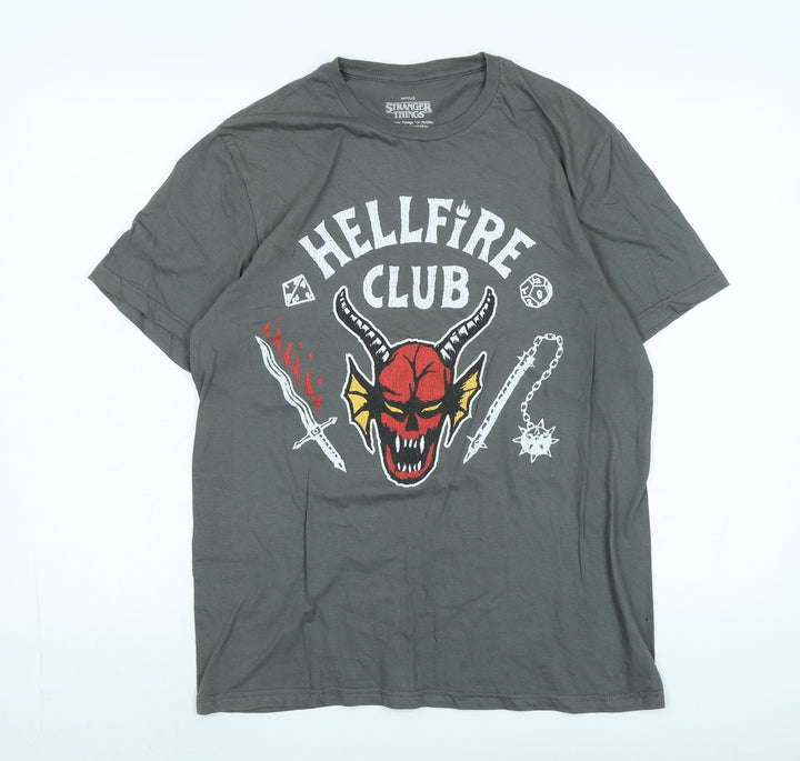 Stranger things Mens Grey Cotton T-Shirt Size M Crew Neck - Logo - Hellofire club