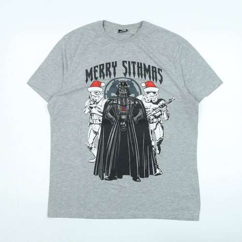 Star Wars Mens Grey Cotton T-Shirt Size L Crew Neck - Logo - Merry Sithmas