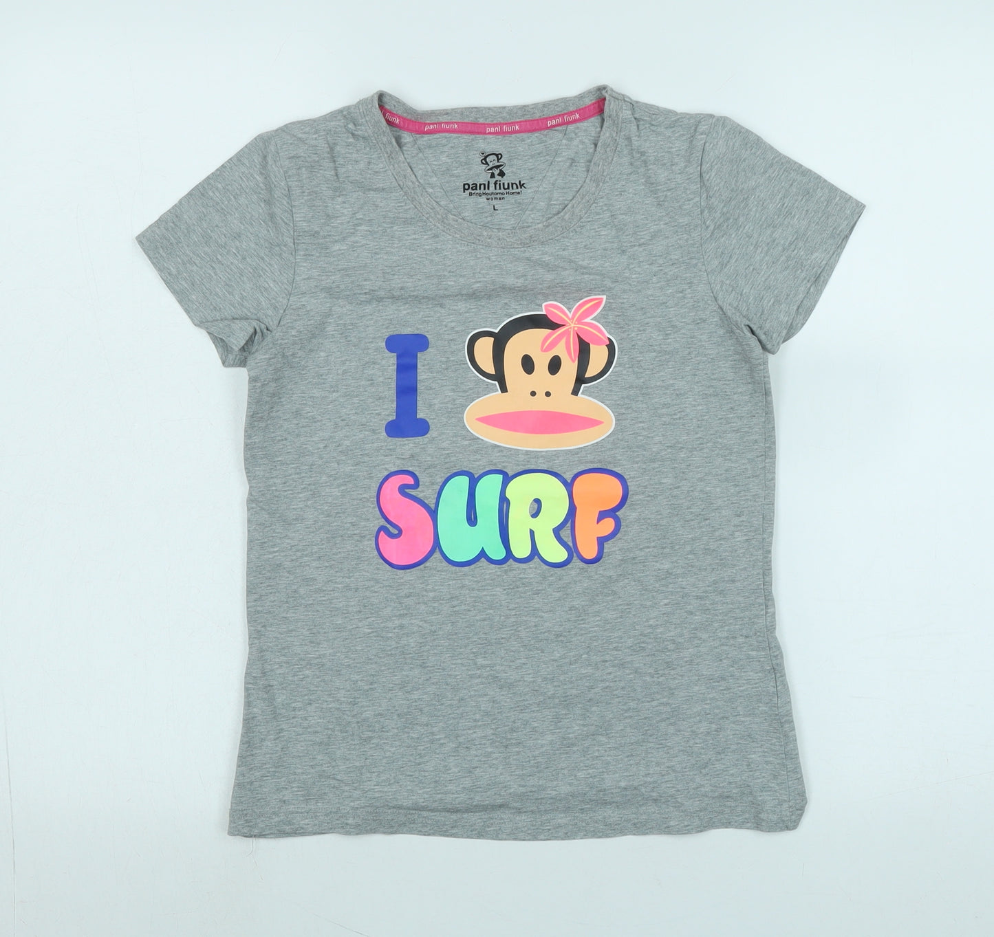 Pani Fiunk Womens Grey Cotton Basic T-Shirt Size L Crew Neck - Logo - I Surf
