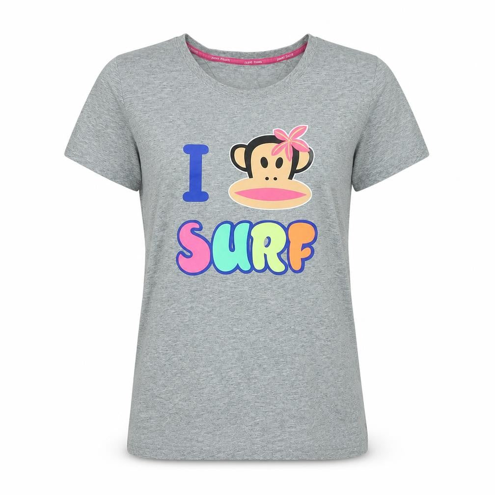 Front view of Pani Fiunk women’s grey cotton basic t-shirt, size L, crew neck - logo - i surf