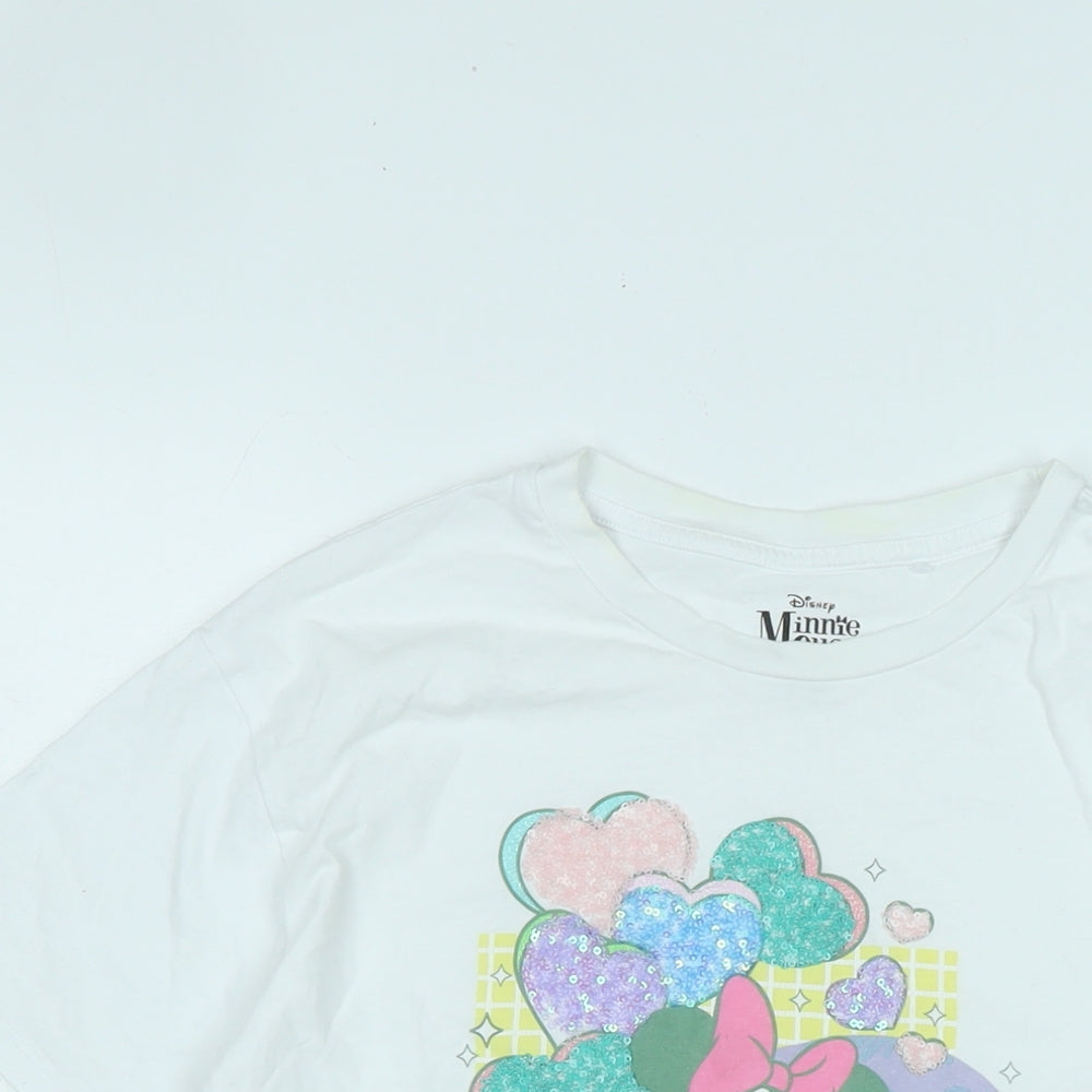 Disney Girls White Cotton Basic T-Shirt Size 11 Years Crew Neck - Logo