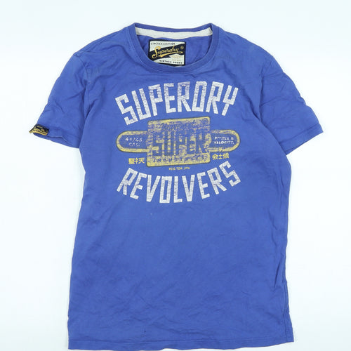 Superdry Mens Blue Cotton T-Shirt Size L Crew Neck - Logo