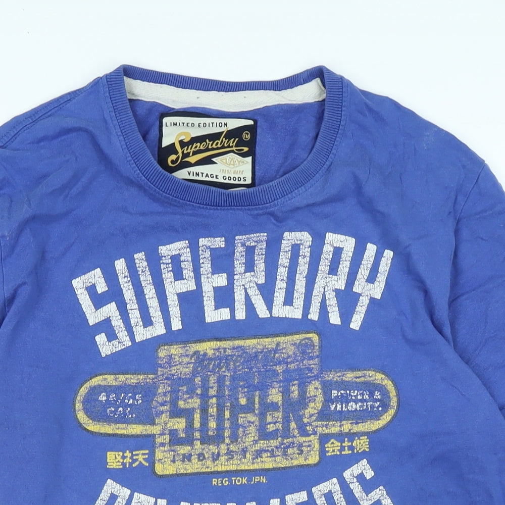 Superdry Mens Blue Cotton T-Shirt Size L Crew Neck - Logo