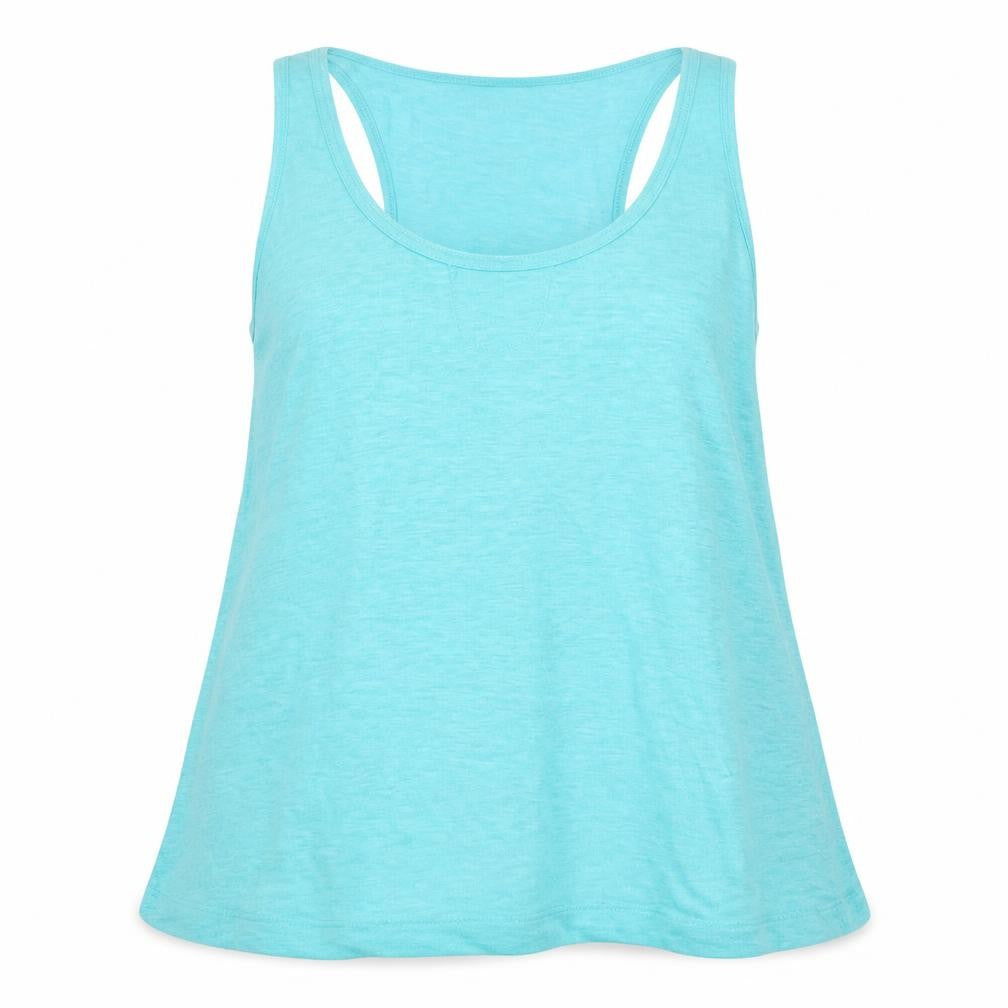 Front view of Wrap London women’s blue cotton basic tank, size UK 14, scoop neck - logo