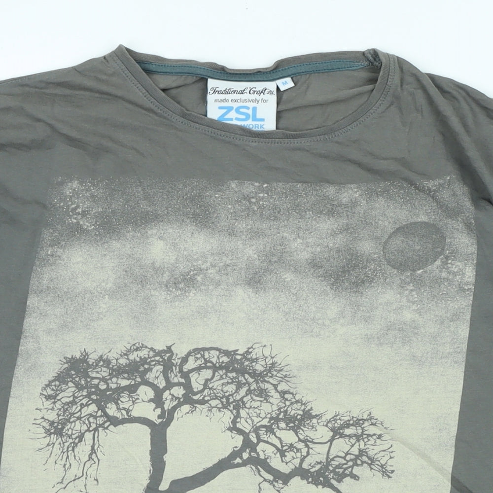 ZSL Mens Grey Cotton T-Shirt Size M Crew Neck - Logo