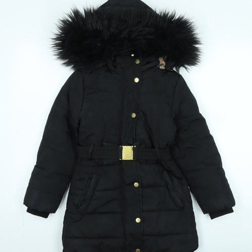 Jasper Conran Girls Black Parka Coat Size 8-9 Years Zip - Logo