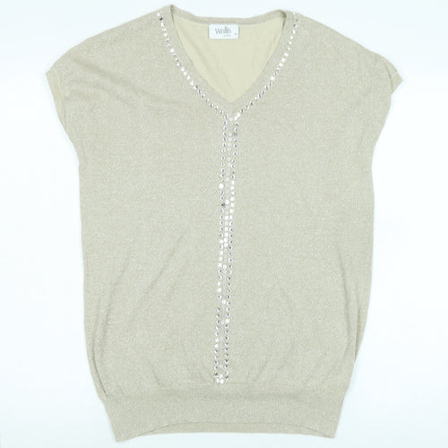 Wallis Womens Gold Viscose Basic Tank Size M V-Neck - Faux gemstones to front