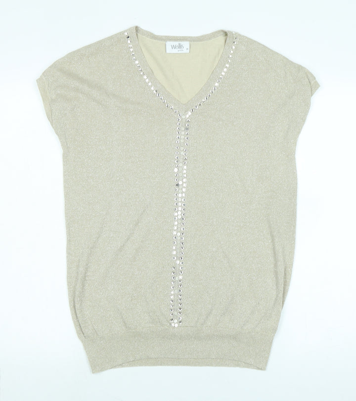 Wallis Womens Gold Viscose Basic Tank Size M V-Neck - Faux gemstones to front