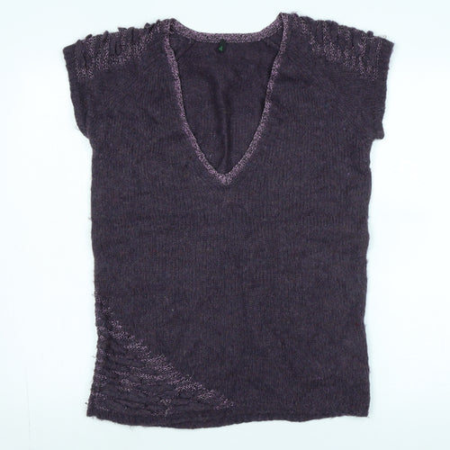 Stile Benetton Womens Purple V-Neck Polyimide Vest Jumper Size M - Logo