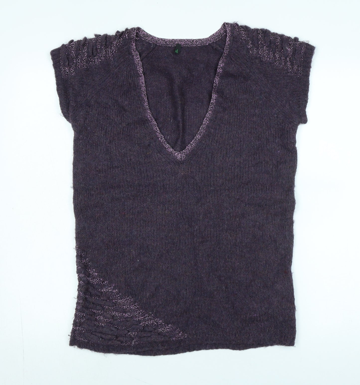 Stile Benetton Womens Purple V-Neck Polyimide Vest Jumper Size M - Logo